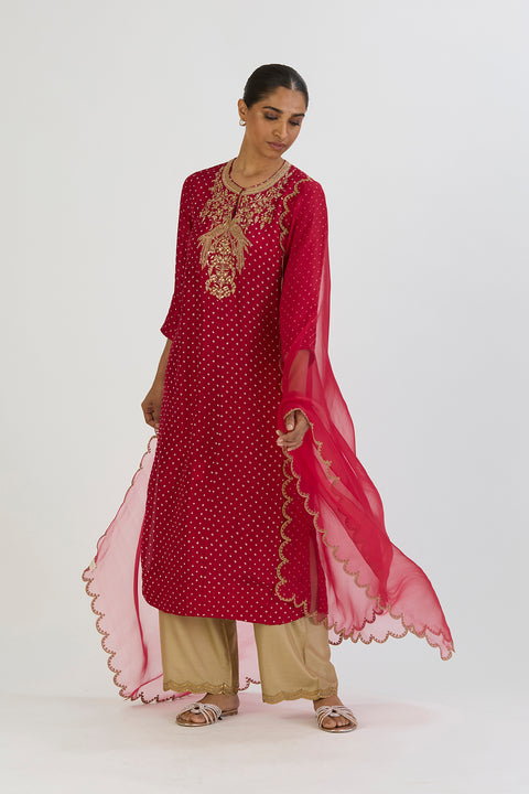 Nida Kurta and Pant - Red Bandhani