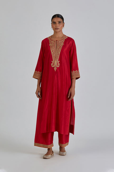 Kashida Kurta and Pant-Red