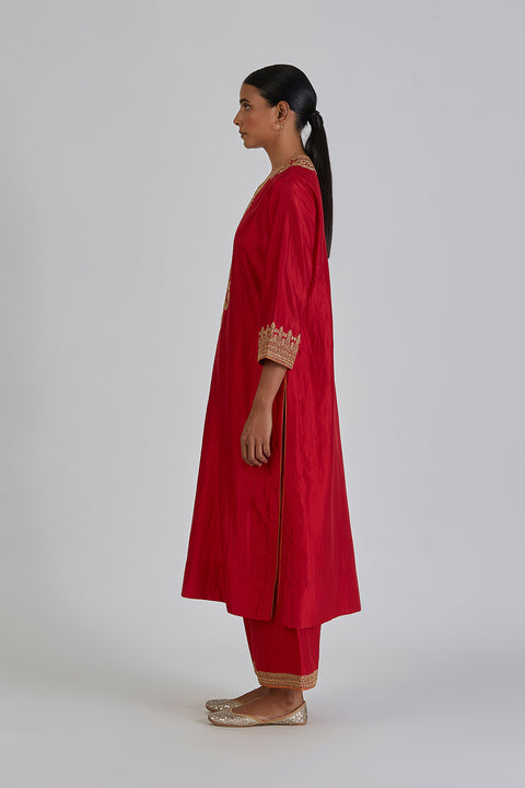 Kashida Kurta and Pant-Red