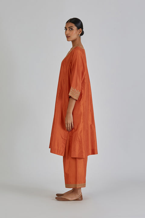 Kashida Kurta and Pant-Orange