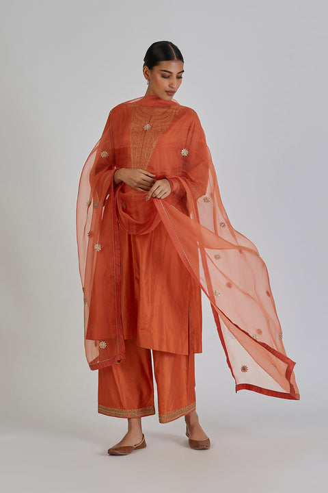 Kashida Kurta and Pant-Orange