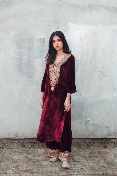 Elham Kurta and Pant-Maroon