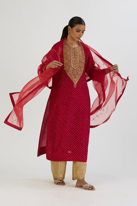 Smita Kurta and Pant - Red Bandhani