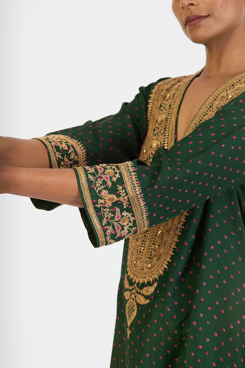 Aarohi Kurta and Pant - Dark Green Bandhani