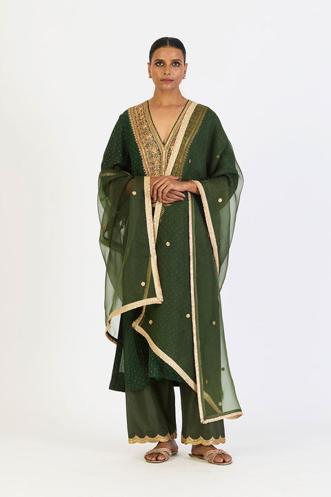 Aarohi Kurta and Pant - Dark Green Bandhani