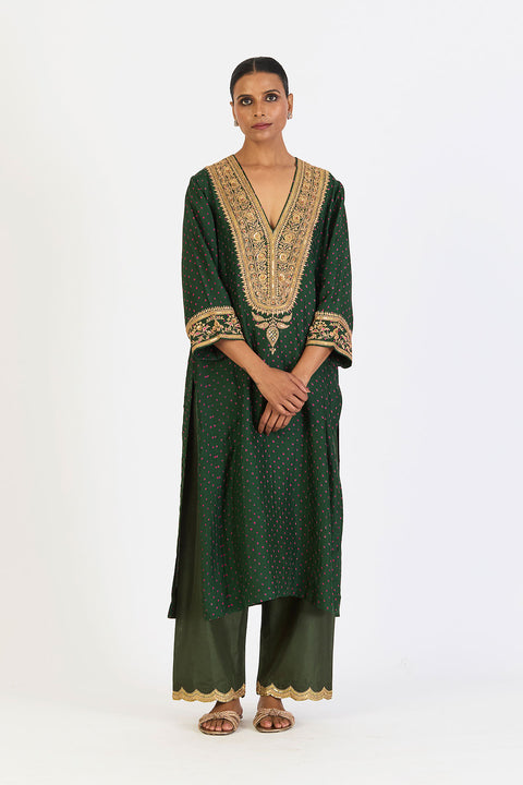 Aarohi Kurta and Pant - Dark Green Bandhani