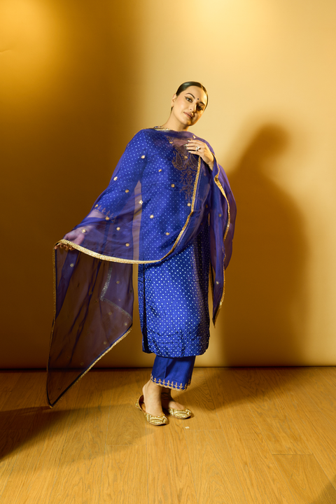 Rysa Kurta & Pant - Royal Blue Bandhani